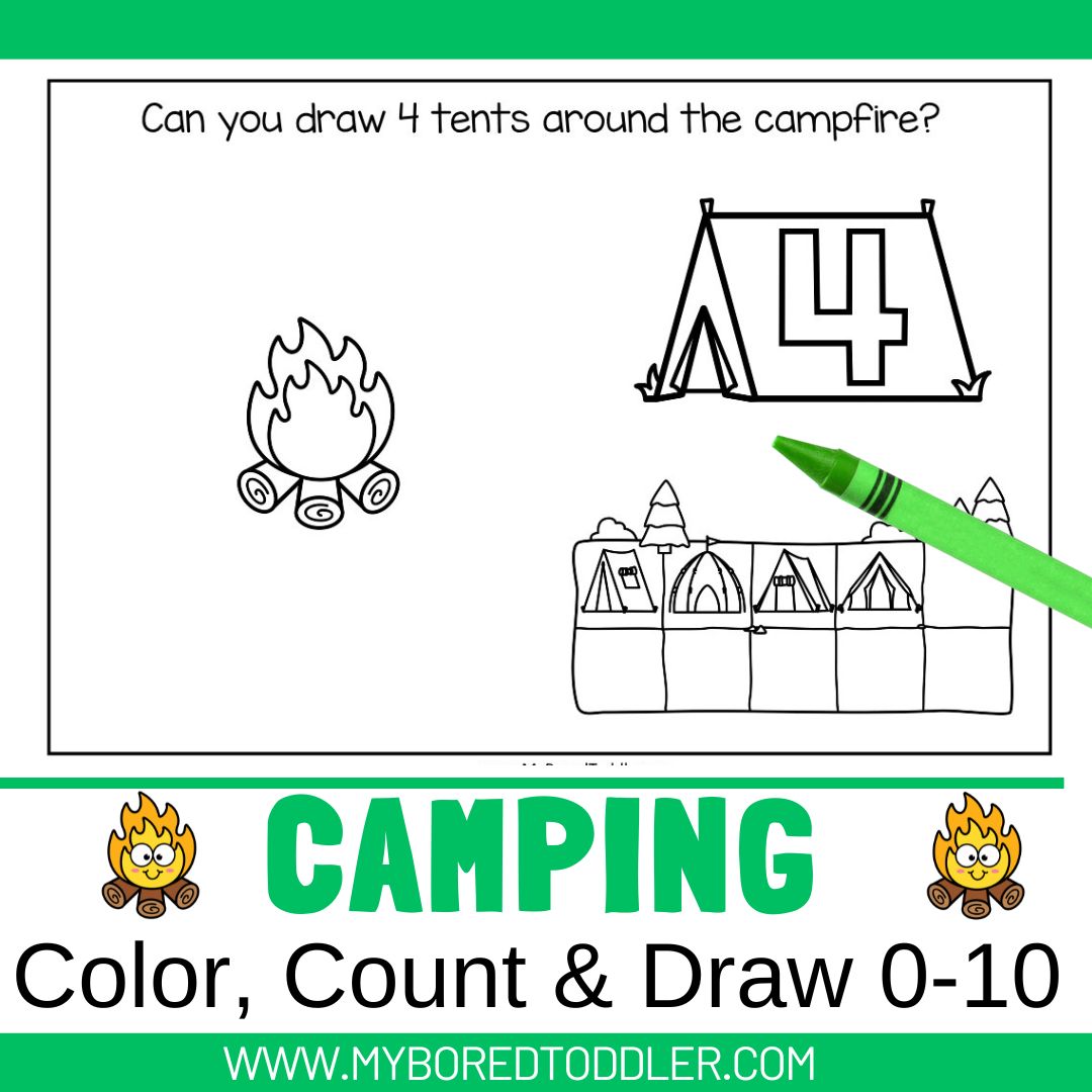 Camping Number Sheet Color, Count & Draw 0-10 Tent