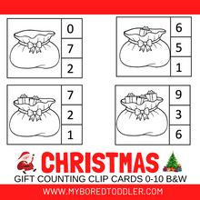 Load image into Gallery viewer, Christmas Counting Clip Cards - Gifts 0-10 Black and White