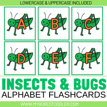 Load image into Gallery viewer, Insects & Bugs Grasshopper Alphabet Flashcards Lowercase & Uppercase