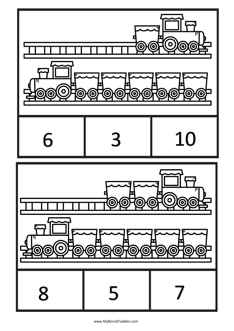 Transport Train Track Counting Clip Cards 0-10 Color B&W