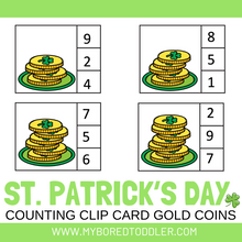 Load image into Gallery viewer, St Patrick's Day Counting Clip Cards 0-10 Gold Coins Color & B&W
