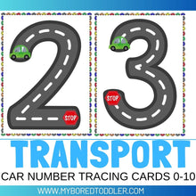 Load image into Gallery viewer, Transport Car Number Tracing Sheets 0-10