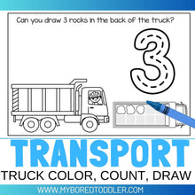 Load image into Gallery viewer, Transport Truck Counting Sheets - Numbers 0-10 Color Draw Count