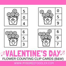 Load image into Gallery viewer, Valentine's Day Flower Counting Clip Cards 0 - 10 Black and White
