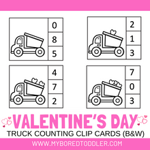 Load image into Gallery viewer, Valentine's Day Truck Counting Clip Cards 0 - 10 Black and White