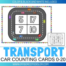 Load image into Gallery viewer, Transport Car Counting Cards 0-20 - Colored & Black & White