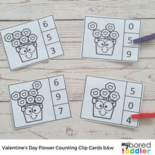 Load image into Gallery viewer, Valentine's Day Flower Counting Clip Cards 0 - 10 Black and White