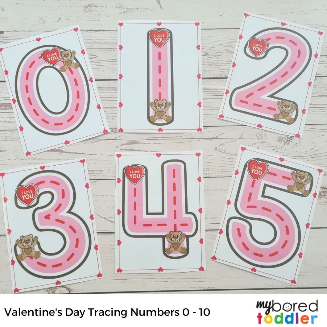 Valentine's Day Tracing Cards Numbers 0 - 10
