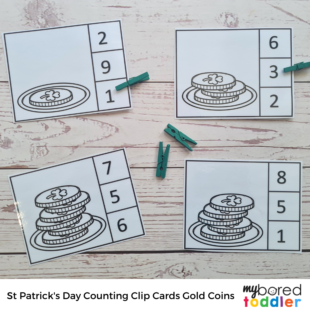 St Patrick's Day Counting Clip Cards 0-10 Gold Coins Color & B&W