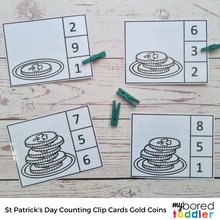 Load image into Gallery viewer, St Patrick's Day Counting Clip Cards 0-10 Gold Coins Color & B&W