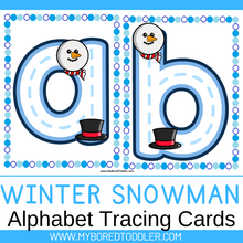 Load image into Gallery viewer, Winter Snowman Alphabet Tracing Cards Lowercase Uppercase