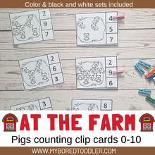 Load image into Gallery viewer, FARM THEMED Counting Clip Cards 0-10 count the pigs Color & B&W