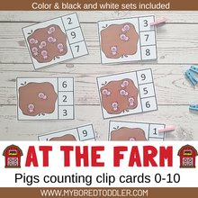 Load image into Gallery viewer, FARM THEMED Counting Clip Cards 0-10 count the pigs Color & B&W