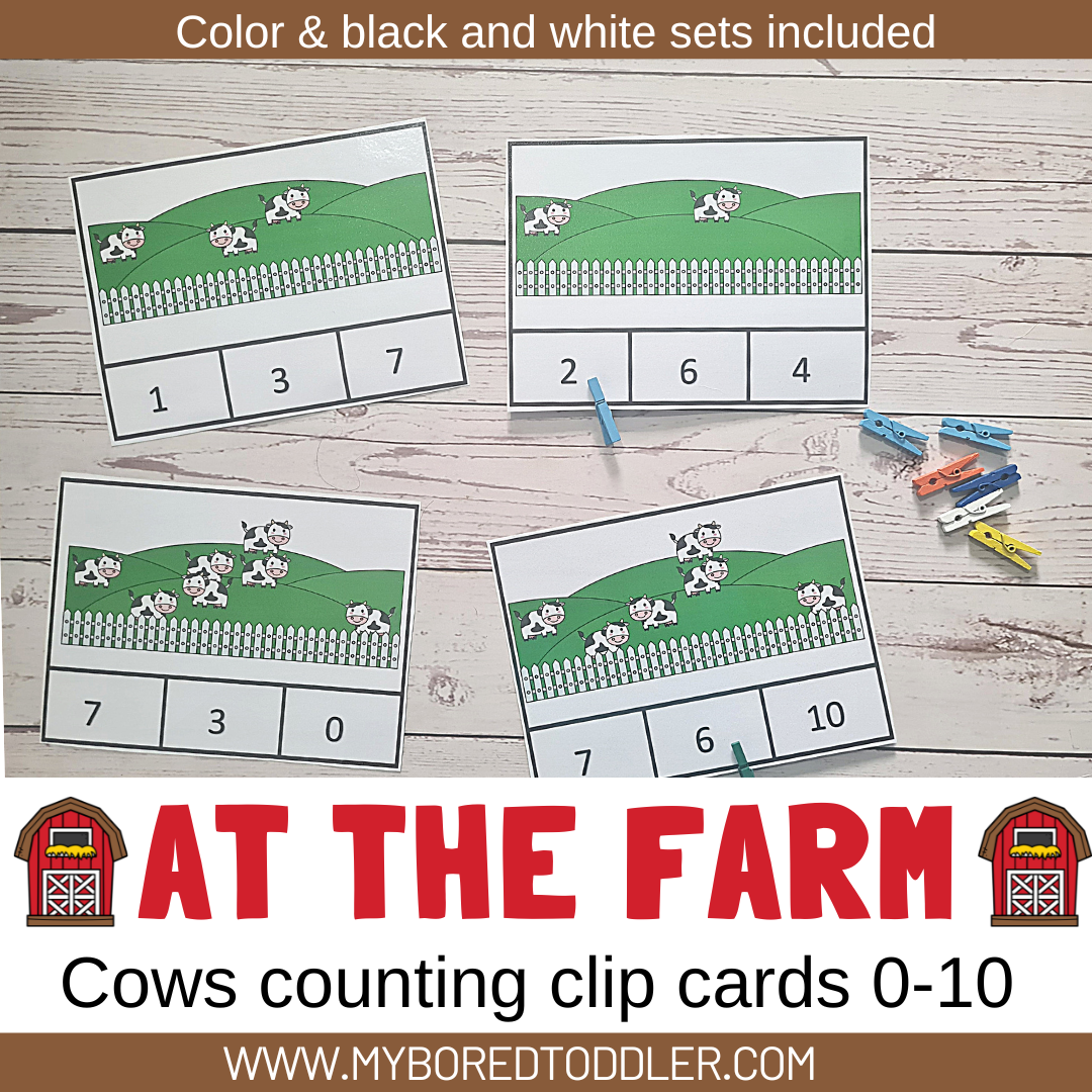 FARM THEMED Counting Clip Cards 0-10 count the cows Color & B&W
