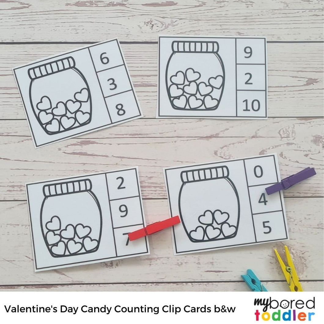 Valentine's Day Candy Counting Clip Cards 0 - 10 Black and White