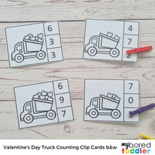 Load image into Gallery viewer, Valentine's Day Truck Counting Clip Cards 0 - 10 Black and White