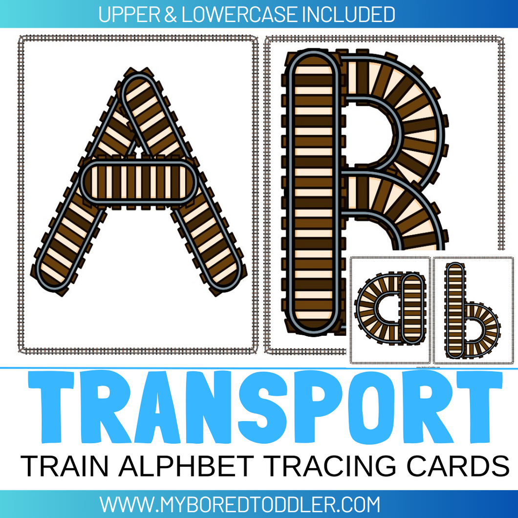 Transport Train Track Alphabet Tracing Sheets- Uppercase & Lowercase