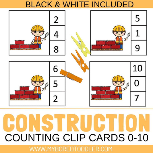 Construction Themed Counting Clip Cards 0-10 Color & B&W