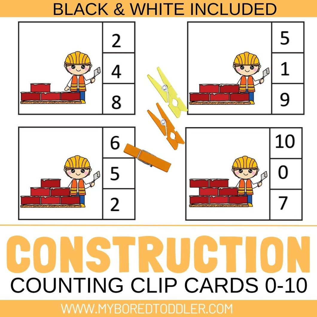 CONSTRUCTION themed counting clip cards 0-10 color & black and white