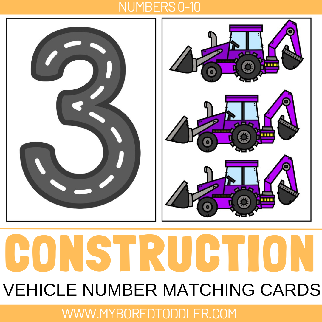 Construction Number 7 Construction Vehicle Number Matching Cards 0-10 – My Bored Toddler