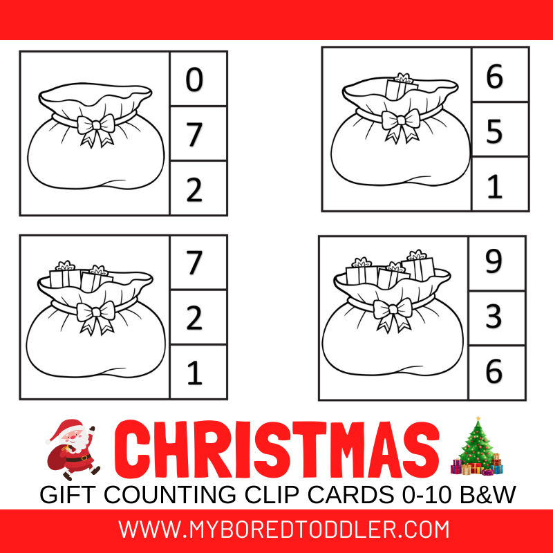Christmas Counting Clip Cards - Gifts 0-10 Black and White