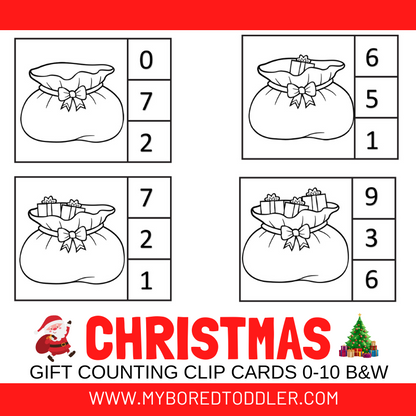 Christmas Counting Clip Cards - Gifts 0-10 Black and White