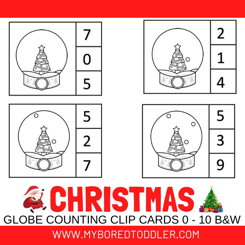 Christmas Snowglobe Counting Clip Cards 0 -10 Black & White