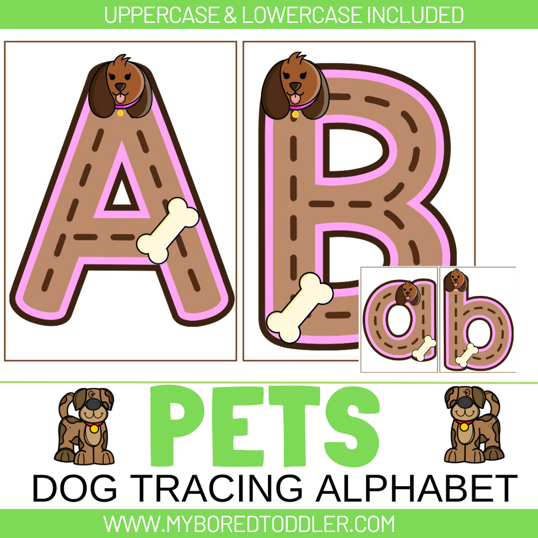 PETS - DOGS Alphabet Tracing Sheets - Uppercase & Lowercase -