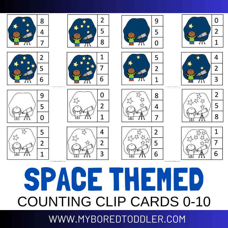 Space Counting Clip Cards - Telescope & Stars - Color & Black and White