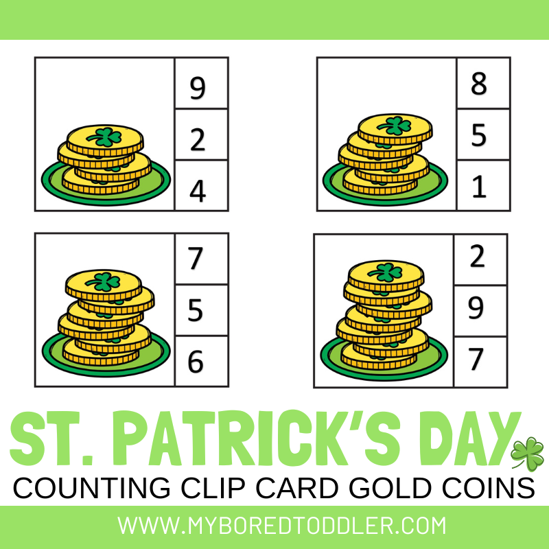St Patrick's Day Counting Clip Cards 0-10 Gold Coins Color & B&W