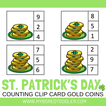 St Patrick's Day Counting Clip Cards 0-10 Gold Coins Color & B&W