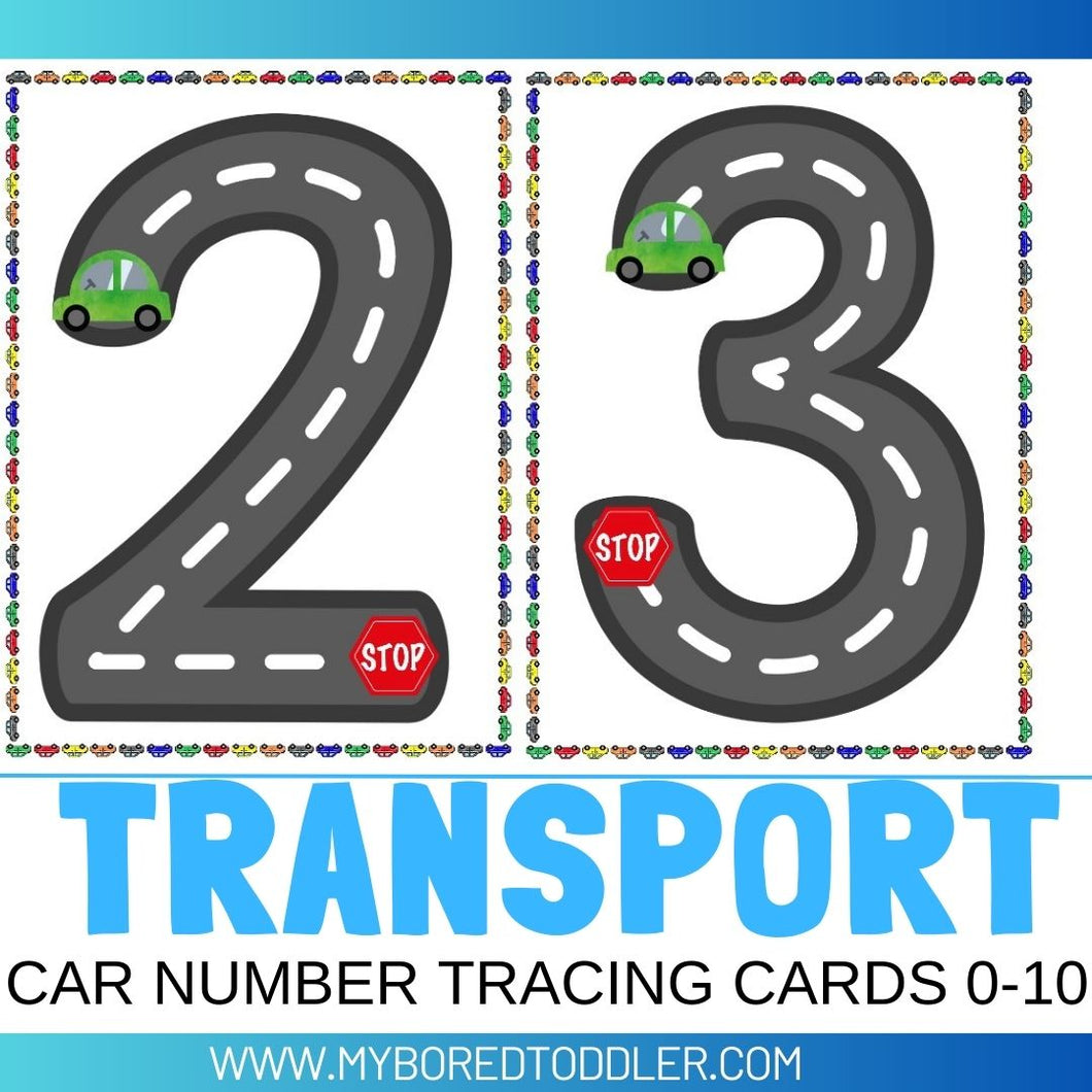 Transport Car Number Tracing Sheets 0-10