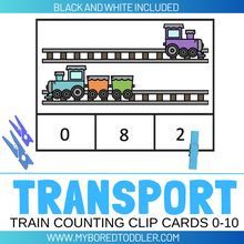 Load image into Gallery viewer, Transport Train Track Counting Clip Cards 0-10 Color B&amp;W
