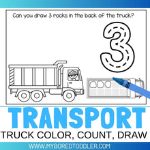 Load image into Gallery viewer, Transport Truck Counting Sheets - Numbers 0-10 Color Draw Count
