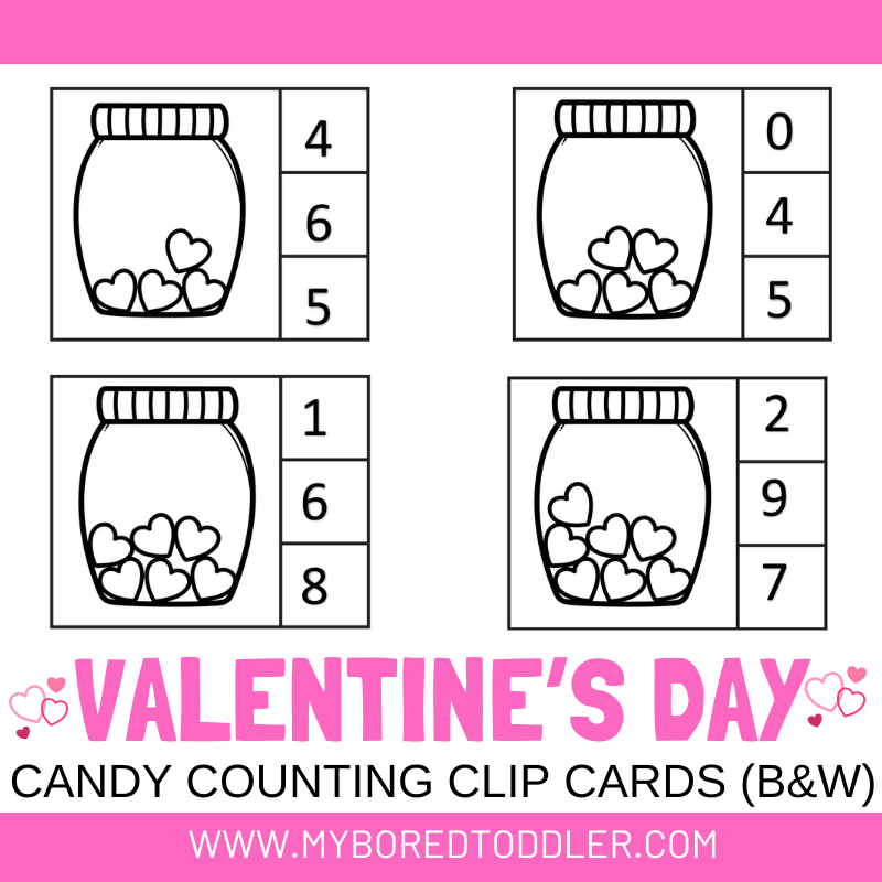 Valentine's Day Candy Counting Clip Cards 0 - 10 Black and White