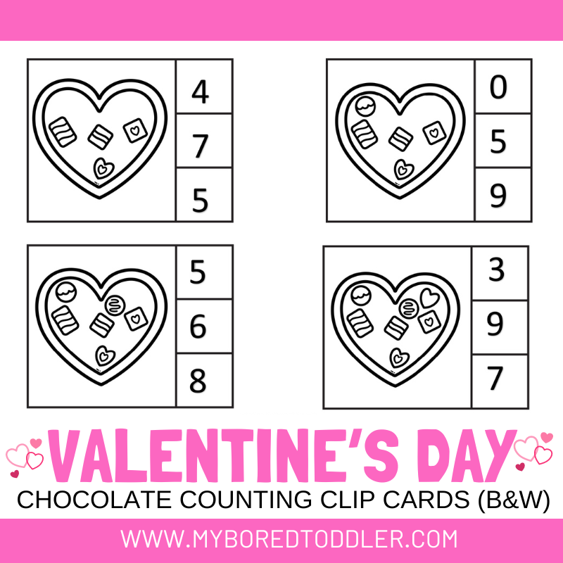 Valentine's Day Chocolate Counting Clip Cards Black and White