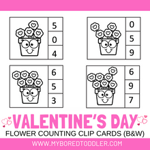 Load image into Gallery viewer, Valentine&#39;s Day Flower Counting Clip Cards 0 - 10 Black and White
