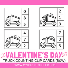 Load image into Gallery viewer, Valentine&#39;s Day Truck Counting Clip Cards 0 - 10 Black and White
