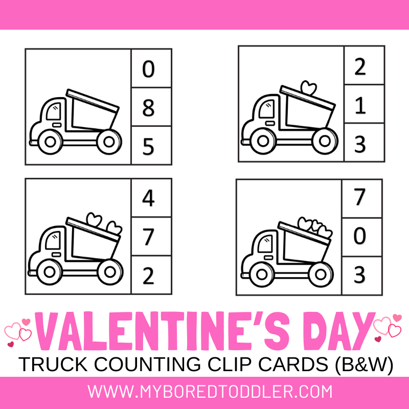 Valentine's Day Truck Counting Clip Cards 0 - 10 Black and White