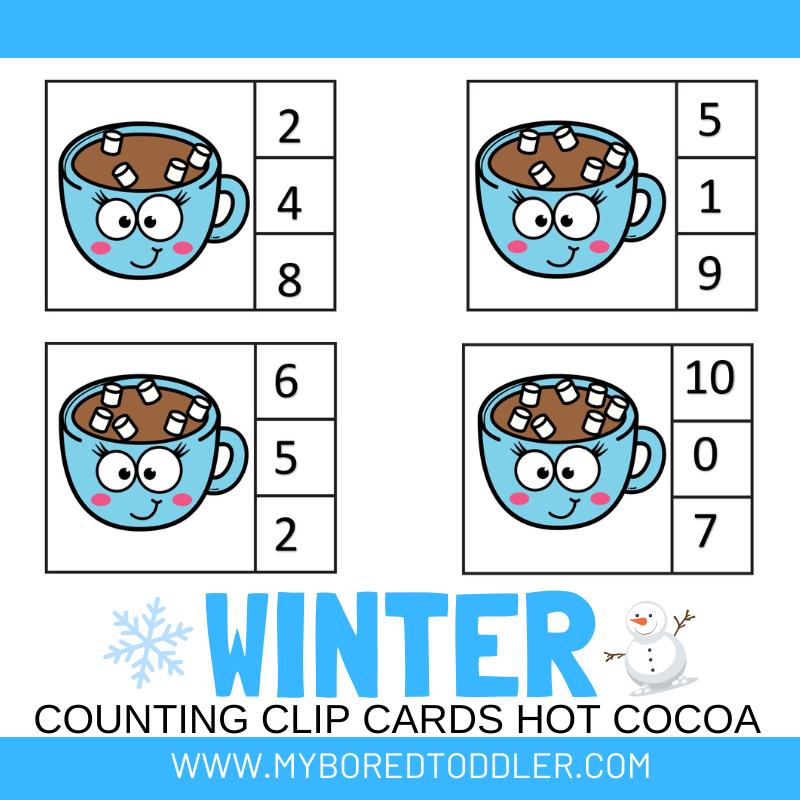 Winter Counting Clip Cards 0 -10 - Hot Chocolate - Color & B&W