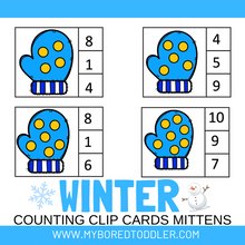 Load image into Gallery viewer, Winter Counting Clip Cards 0 - 10 Mittens Color &amp; B&amp;W
