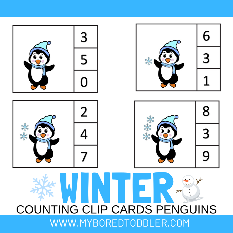 Winter Penguin Counting Clip Cards 0-10 Color & B&W