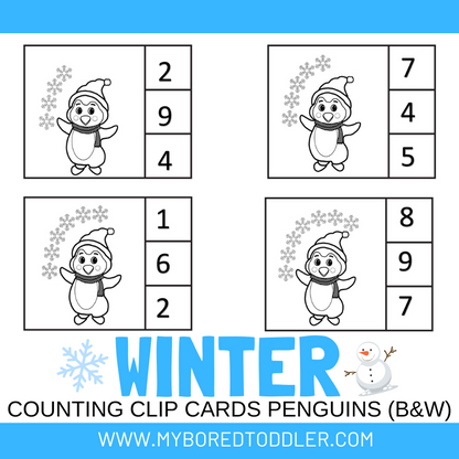 Winter Penguin Counting Clip Cards 0-10 Color & B&W