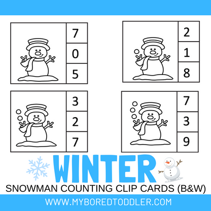 Winter Snowman Counting Clip cards 0 - 10 Color & B&W