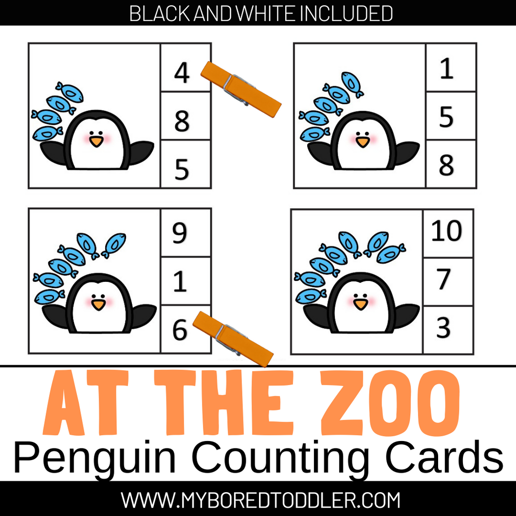 Zoo animals - Penguins Counting Clip Cards 0-10