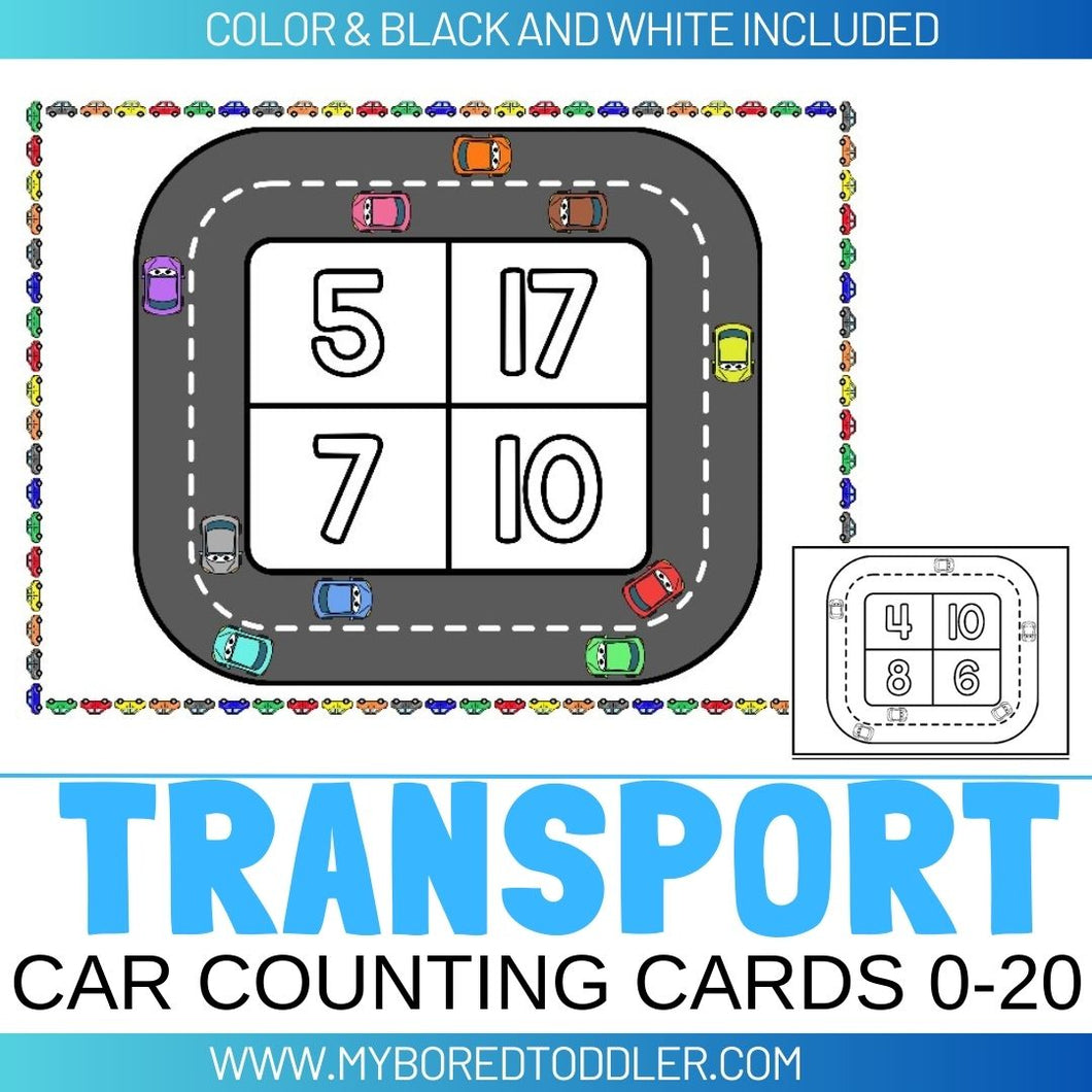 Transport Car Counting Cards 0-20 - Colored & Black & White