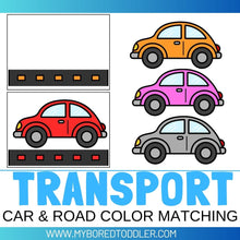 Load image into Gallery viewer, Car &amp; Road Color Matching Cards - Transport Theme
