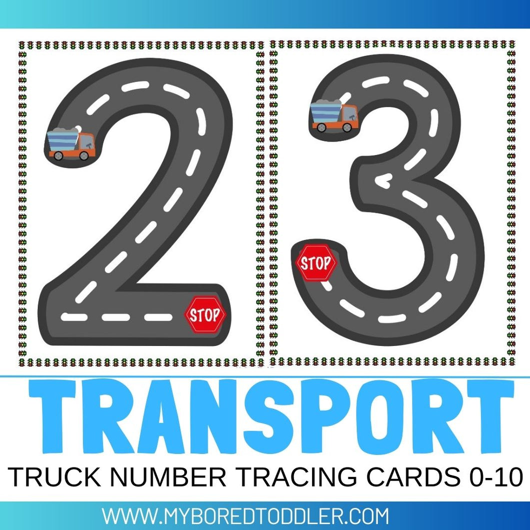 Transport Truck Number Tracing Sheets 0-10