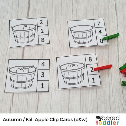 Autumn / Fall Apple Counting Clip Cards 0 - 10 Color & Black & White