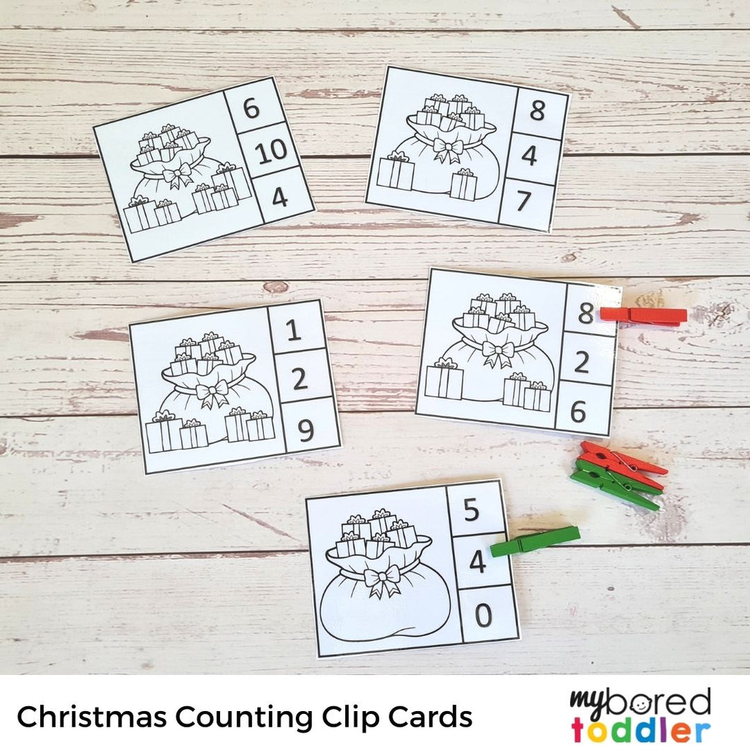 Christmas Counting Clip Cards - Gifts 0-10 Black and White